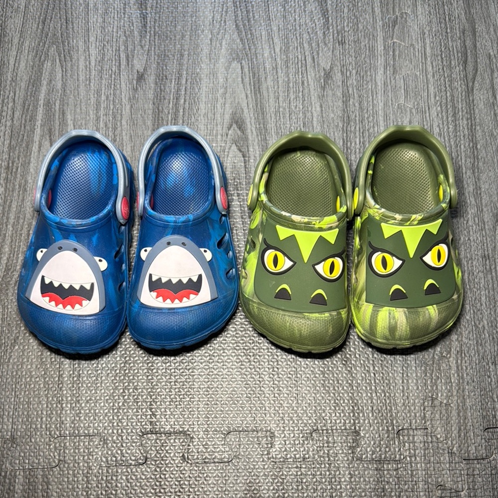 Kids Green Gator and Blue Shark Clogs - Kids Size 7